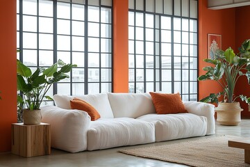 Minimalist, modern japandi interiors in the living room with orange-lined walls and sofas and tables. Generative AI
