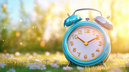 Blue alarm clock on grass with flowers in sunny morning light