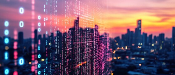 A city skyline where digital codes turn into scammer profiles and cyber fraud activity