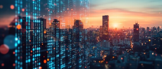 A city skyline where digital codes turn into scammer profiles and cyber fraud activity