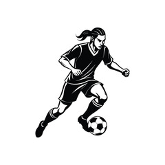 Black and white silhouette of a male soccer player dribbling in mid action. Clean, dynamic sports art isolated on white.
