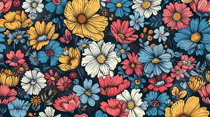 A seamless floral pattern with yellow, pink, red and blue flowers.