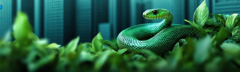 Fototapeta premium Green snake that is sitting in the grass, 2025 year