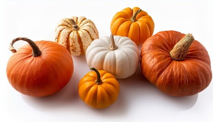 variety of autumn pumpkins top view isolated on a white background assorted shades of orange and white