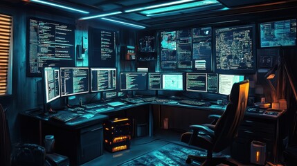Obraz premium A digital hacker's den filled with glowing monitors and scams being orchestrated