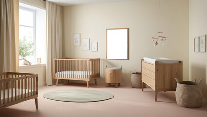 Poster frame mock up in child bedroom, Scandinavian unisex nursery design with natural wooden furniture