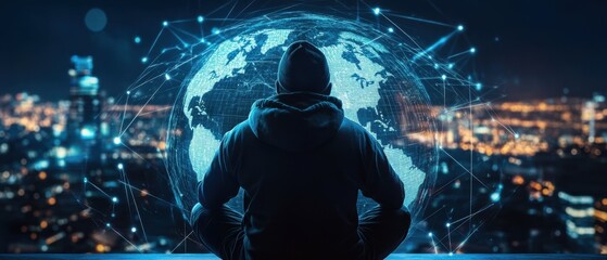 A scammer sitting in front of a globe with connected fraudulent activities happening worldwide