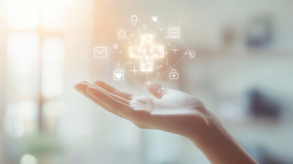 Hand Holding Medical Hologram With Digital Health Icons