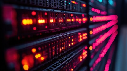 Fototapeta premium Close-Up Of Glowing Server Racks In Data Center