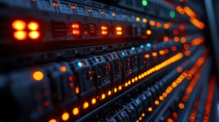 Naklejka premium Detailed Close-Up of Glowing Server Racks in Data Center