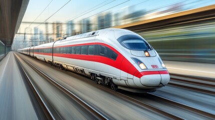 Fototapeta premium High-Speed Train in Motion on Urban Tracks