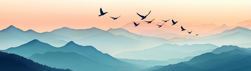 Naklejka premium Serene landscape featuring mountains and birds flying against a soft sunset sky, capturing the beauty of nature and tranquility.