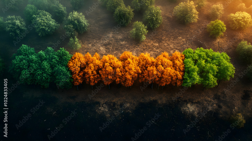 Poster aerial view of trees transitioning from green to orange in autumn.
