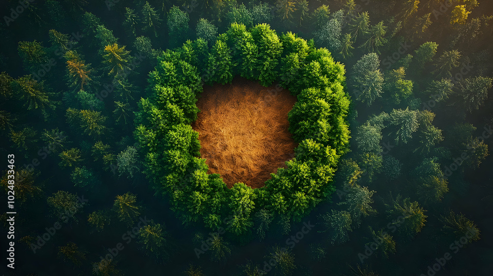 Poster aerial view of a circular clearing surrounded by dense trees.