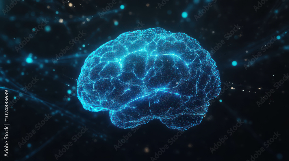Poster blue luminous neural pathways in 3d visualization
