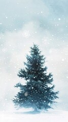 Obraz premium Tranquil winter scene with snowfall and evergreen tree for holiday celebrations. AI