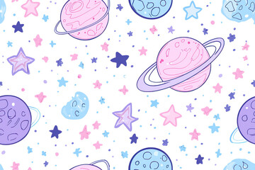Baby space seamless pattern. Cartoon blue pink purple outline planets and stars.