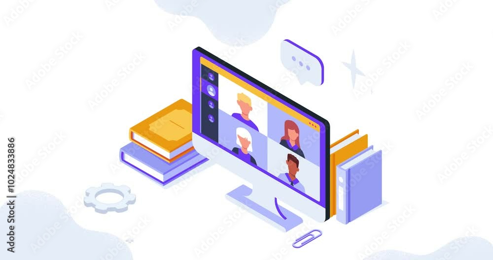 Aufkleber online education. moving banner with students standing next to computer screen and listening to remo
