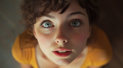 A woman gazing upward with curiosity, showcasing bright blue eyes and short, curly hair in a warm yellow top during daylight