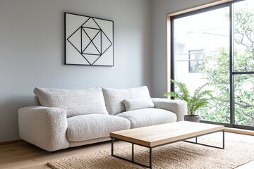 Minimalist, contemporary Japani interiors in the living room with light gray walls and sofas with art frames hanging. Generative AI
