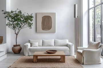 Minimalist, contemporary Japani interiors in the living room with light gray walls and sofas with art frames hanging. Generative AI
