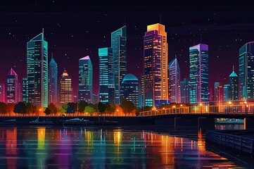 Fototapeta premium Vector modern megapolis on river at night. Bright glowing buildings, boardwalk and bridge in cartoon style. 