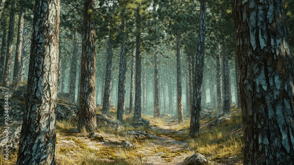 Poster dense 3d pine forest scene with layers of trees