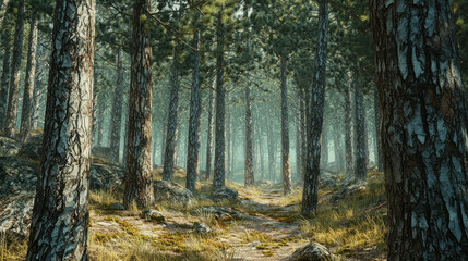 Obraz premium Dense 3D Pine Forest Scene with Layers of Trees