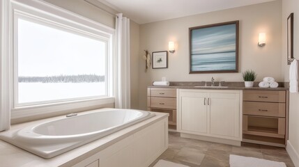 Bright bathroom design with winter scenery. Spacious new condo with neutral, minimalistic vibes.