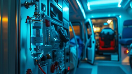 Fototapeta premium Well-equipped ambulance with advanced medical technology and computer control panels for scientific research and patient care.