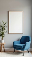 minimalistic interrior desighn with blue chair and blank canvas mockup on a wall. A 3D render of a minimalist living room with a blue velvet chair and a large square picture frame on a wall