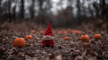 Adult in garden gnome costume made from thrifted clothes and craft supplies standing among pumpkins