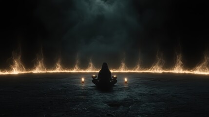 Witch playing crystal singing bowls surrounded by levitating candles and magical sound waves