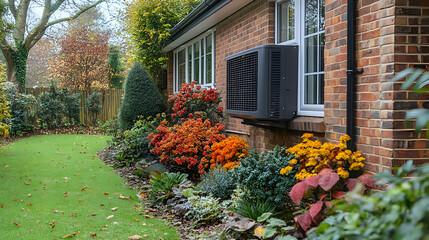 Cozy garden with colorful flowers and air conditioning unit.