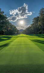 Empty golf course on a summer day, looking straight down fairway