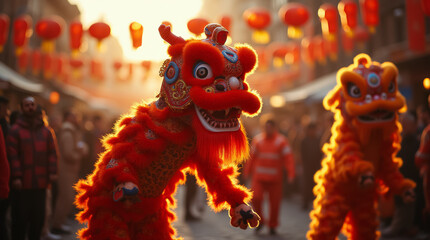 Fototapeta premium Brightly colored lion dancers move gracefully through a decorated street filled with hanging lanterns, celebrating the Lunar New Year as the sun sets, creating a festive atmosphere