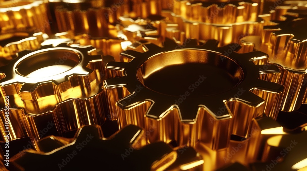 Poster a close-up 3d view of shiny gears meshing perfectly, representing flawless coordination in a busines