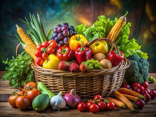 Fresh Fruits and Colorful Vegetables in a Rustic Basket - Abundance and Healthy Choices