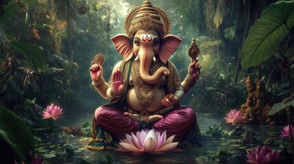 Naklejka premium A high-resolution image of Lord Ganesha, adorned in traditional attire, sitting on a lotus, with his trunk curled gracefully.