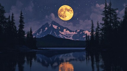 A full moon hangs over a snow-capped mountain range reflecting in a calm lake.
