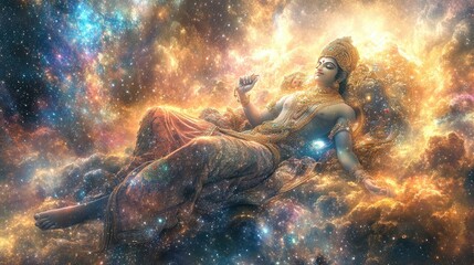 A high-resolution image of Lord Vishnu reclining on the cosmic serpent Sheshanaga, with Goddess Lakshmi seated by his side, in a celestial background.