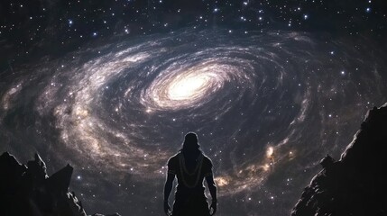 Obraz premium A majestic image of Lord Vishnu standing in front of the universe, with galaxies and stars swirling around him, representing his role as the preserver.