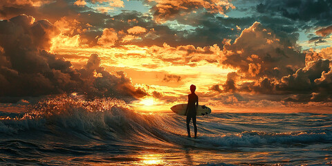 A surfer is riding a wave in the ocean at sunset