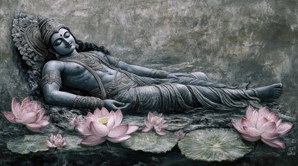 Fototapeta premium A serene and detailed depiction of Lord Vishnu reclining on the cosmic ocean, with lotus flowers blooming around him, symbolizing peace and eternity.
