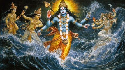 An ethereal image of Lord Vishnu emerging from the cosmic ocean, with celestial beings around him, representing the birth of the universe.