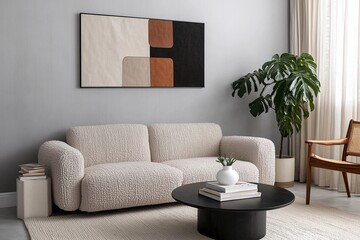 Minimalist, contemporary japandi interiors in living rooms with art frames and sofas. Generative AI
