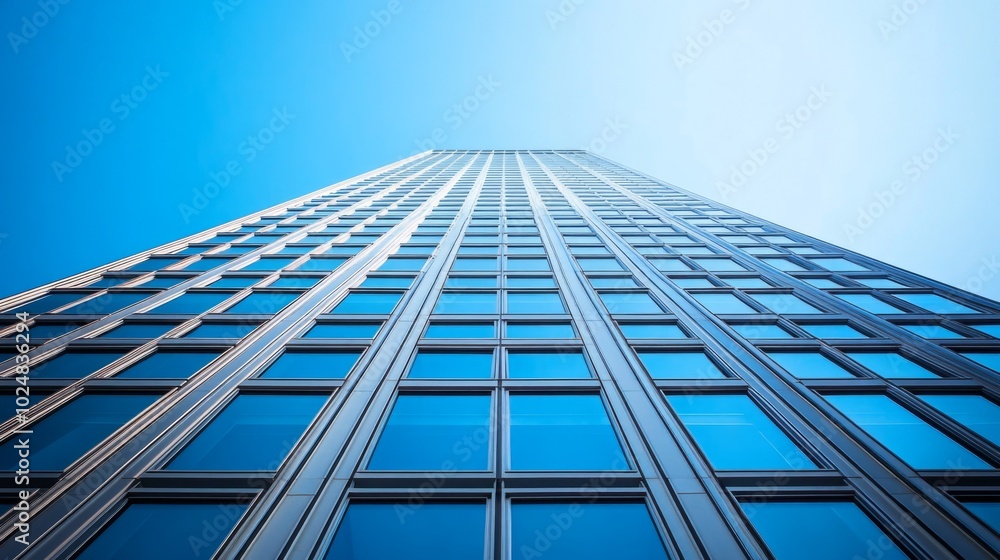 Poster a tall building with many windows and a clear blue sky in the background