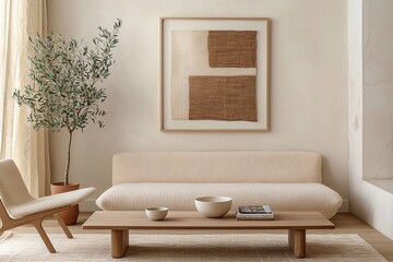 Minimalist, contemporary japandi interiors in living rooms with art frames and sofas. Generative AI
