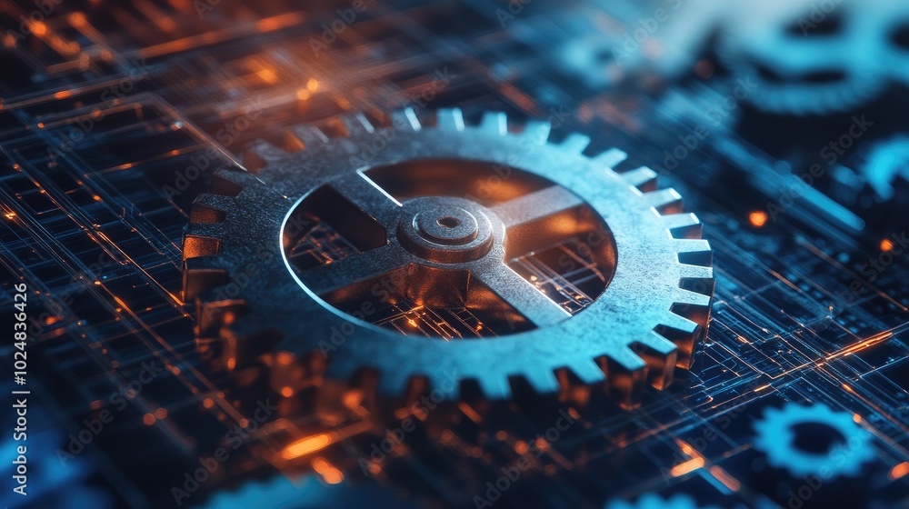 Poster close-up of interconnected gears in motion, representing streamlined business operations and product