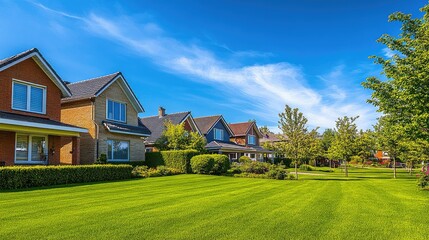 A suburban house with manicured lawn and empty sky above for copy space. No people or vehicles present
